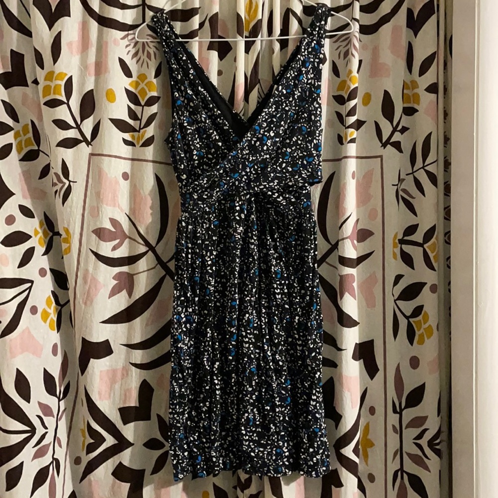 XS Loft Crisscross Dress in Black, White and Blue Print